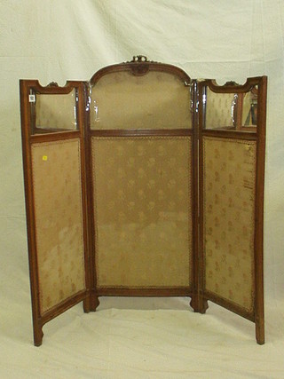 An Edwardian carved walnutwood 4 fold fire screen with mirrored panels 45"