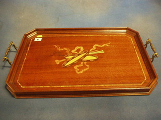 A lozenge shaped inlaid mahogany twin handled tea tray, inlaid musical instruments 22"