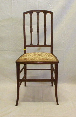 A set of 3 Edwardian inlaid mahogany stick and rail back dining chairs (1 carver, 2 standard)