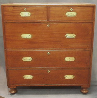 A 19th Century camphor wood military chest of 2 short and 3 long drawers, raised bun feet, drawers signed A J, 36"