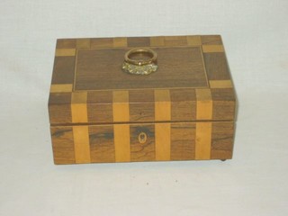A Regency rosewood and boxwood banded manicure box with hinged lid, fitted 4 bottles, 8"