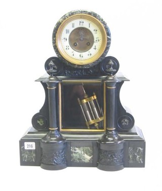 A Victorian mantel clock contained in a 2 colour marble architectural case with porcelain dial, Arabic numerals and visible escapement and having twin mercury pendulum, 15" (chip to bezel glass)