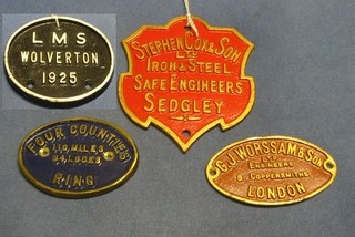An LMS Wolverhampton 1925 locomotive/coach plate 5", 3 safe plates, Steven Cox and Sons, Four Counties and G J Worassam & Sons