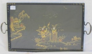 A 1930's black lacquered chinoiserie tea tray 18"