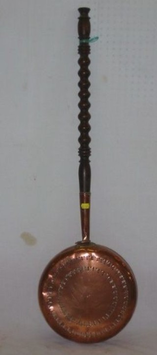 A 19th Century pierced copper warming pan with hinged lid (f) and turned wood handle