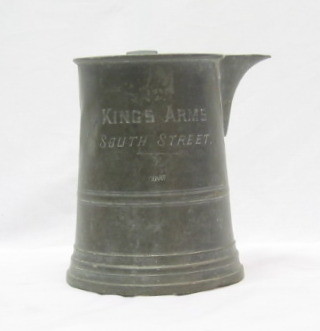 A Victorian spouted quart pewter measure marked Kings Arms South Street marked James Yates