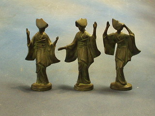 3 Oriental bronze figures of standing Geishas 7"