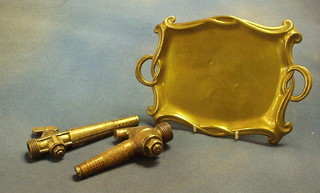 A French Art Nouveau brass twin handled tray 9" and 2 brass spear spickets