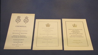 The Ceremonial programme for the 20th Anniversary of the marriage of HM The Queen and HRH Prince Philip Duke of Edinburgh Monday 20th November 1972, an Order of Service and the Order of Service for 50th Anniversary 20th November 1997 (3)