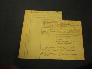 An 18th Century Naval Discharge document for James Tripe Ales, 42 years, signed and dated 1789 together with the expenses of the gunner's store on board HMS Thank P.B.V. Exg Commander,  October 1800