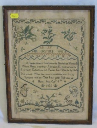 A Victorian wool work sampler by Maria Avis 6th October 1826 with alphabet and religious rhyme, some small holes, 12" x 9"