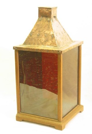 A 19th Century copper and oak square lamp housing 32"