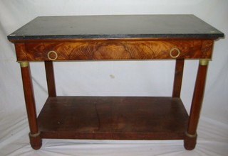 A 19th Century French walnutwood console table with black veined marble top, fitted a drawer, raised on column supports with undertier 50"