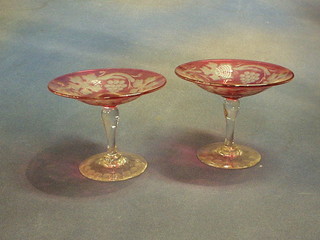 A pair of pink glass etched tazzas with vinery decoration 5"