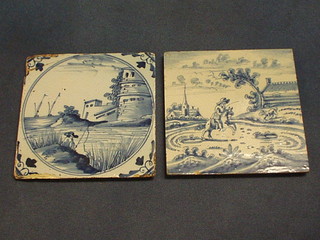 A pair of Delft pottery tiles, 5" x 5"