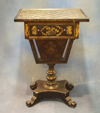 A Regency lacquered chinoiserie style square games/work table, the top decorated a chess board, fitted a drawer and with deep basket, raised on a turned column with triform base and scrolled feet 28"