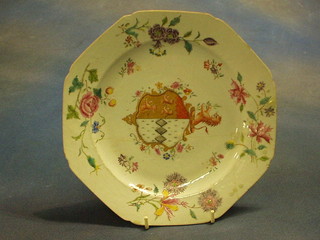 An 18th Century famille vert octagonal porcelain plate with armorial decoration 8" (f and r)