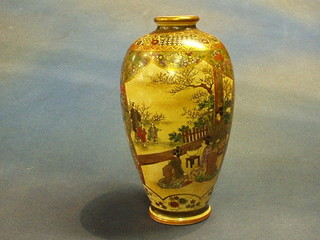 A fine quality 19th Century Japanese Satsuma porcelain vase with panel decoration depicting court figures, the base with seal mark, 8"