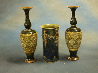 A pair of Royal Doulton baluster shaped specimen  vases, the base marked Royal Doulton 9" high and a circular Doulton vase, the base marked Royal Doulton 7556, 6" (f and r)