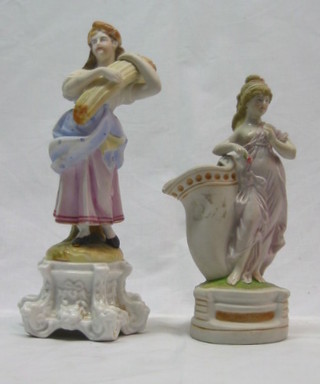 A 19th Century biscuit porcelain spill vase figure of a standing girl 9" and  1 other figure  depicting The Harvest 11"