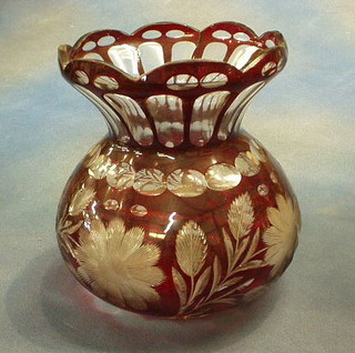 A red Bohemian glass vase (f) 9"