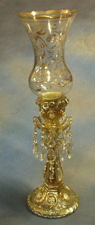 A Bohemian glass table lamp with trumpet shaped shade, supported by a lustre 20"