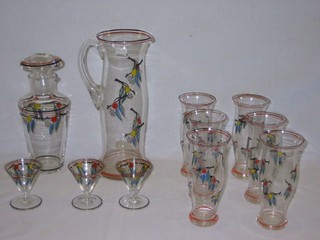 An 11 piece 1950's cocktail/lemonade set with painted fruit decoration comprising cocktail shaker, 3 cocktail glasses, lemonade jug, 6 lemonade glasses and 2 martini glasses