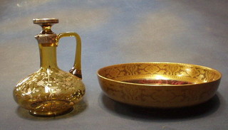 A Lotus ware lustre bowl, purple and gilt banded 10" and an amber glass with silver overlay ewer and stopper 8"