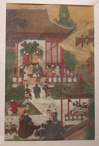 An Oriental watercolour on silk "Temple with Attendants" 23" x 15 1/2"
