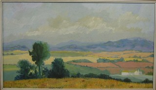 Oil painting on board "Downland Scene with Fields" 15" x 23"