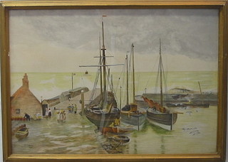 S T Brett, watercolour drawing "Harbour with Fishing Boats and Figures" 14" x 20"