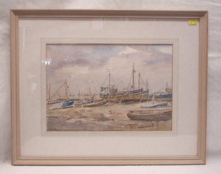 Strickland, watercolour drawing "Beach with Fishing Boats" 9" x 13" signed