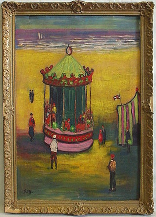 A 1950's Impressionist oil painting on board "Fair Ground Carousel" monogrammed FM 26" x 17"