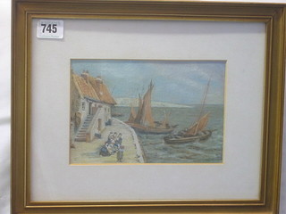 Watercolour drawing "Coastal Scene with House Figures and Boats" 5" x 8"