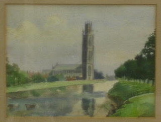 A 19th Century watercolour drawing "Church by a River with Figure Fishing" 5" x 7"