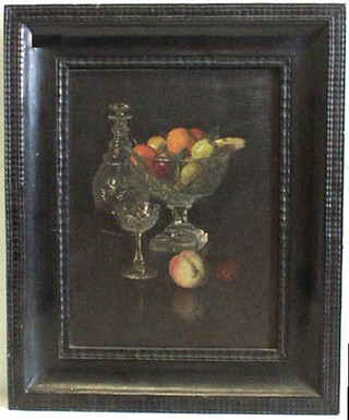 A 19th Century oil painting on canvas, still life study, "Cut Glass Pedestal Bowl of Fruit and a Georgian Ring Neck Decanter" 14" x 10"