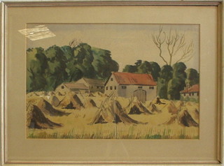 M R Robertson, watercolour drawing "Haystack and Farm Buildings" 15" x 22"