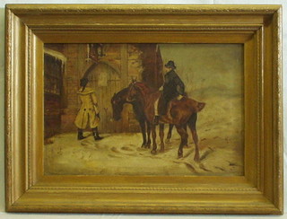 A Victorian oil painting on board "Two Horsemen Outside a Public House" monogrammed KJ 13" x 20"