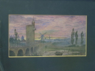 A 19th Century Dutch School, watercolour drawing "River Scene, Figure Fishing at Dusk" 6" x 11", monogrammed SA and dated 69