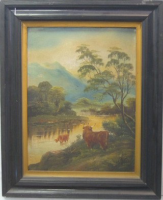 19th Century oil on board "Highland Cattle Watering at a River at the Foot of a Mountain" 19" x 15"