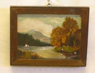 A 19th Century oil painting on canvas "Lake with Sailing Boat" 5" x 8"