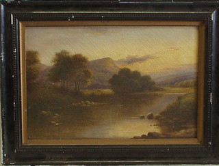 A Wriahi, Victorian oil painting on canas "Rural Scene with River and Cattle at Dusk" 16" x 24"