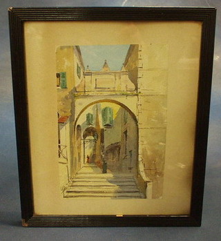 A watercolour drawing "Continental Street Scene with Arch" 10" x 6" 