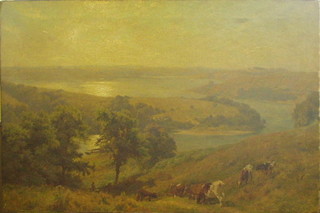 Charles Collins RBA, oil painting on canvas "Coastal Scene with Estuary and Cattle" 24" x 36"