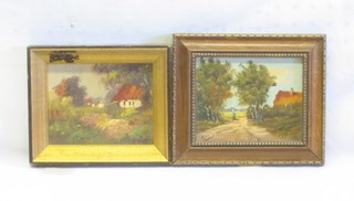 2 Dutch oil paintings on board "Buildings with Figures" 4" x 4 1/2"