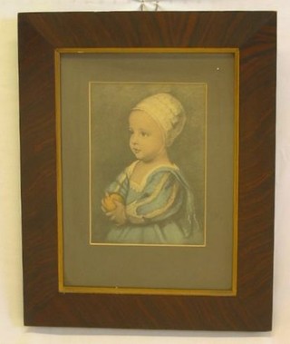 A coloured print after Van Dycke "Bonnetted Child" 9" x 6"