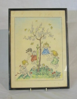 Watercolour drawing "Winged Girls Playing Ring-a-Ring-of Roses" 11" x 8" signed and dated 14th 8 '45 