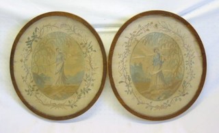 A pair of 18th Century woolwork and embroidery pictures depicting "Spring and The Harvest" 16" oval (some damage)