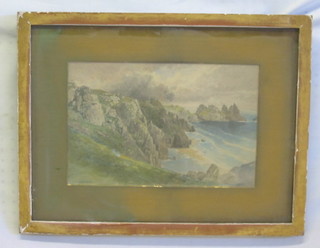 19th Century watercolour drawing "Sea Scape with Cliffs" 9" x 13" indistinctly signed