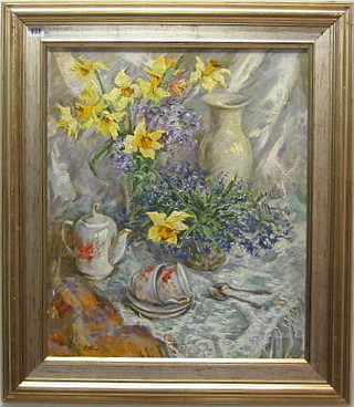 Irina Tkatch, impressionist oil on canvas, "Vase of Daffodils, Teapot and Tea Cups" 24" x 19" 